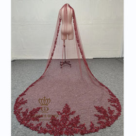QUEENS GOWN Burgundy Veil With Embroidery Bead Flower Lace Veil Embroidery Custom R Bridal Veil 3M*3.5M
