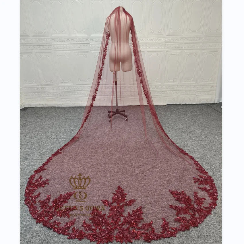 QUEENS GOWN Burgundy Veil With Embroidery Bead Flower Lace Veil Embroidery Custom R Bridal Veil 3M*3.5M