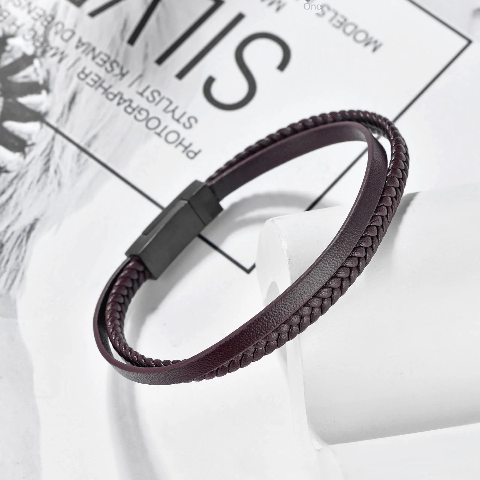 Wholesale Luxury Stainless Steel Trendy Men's Classic Multilayer Braided Leather Fashion Bracelet Black Plated Cross Pattern