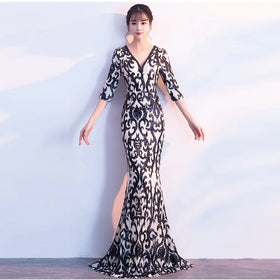 1102# New Fishtail Slim-fit Deep V Mid-sleeve Fashion Host Annual Banquet Girl Model Evening Dress