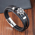 Good Quality Stainless Steel Magnetic Clasp Customized Logo Name Punk Style Ship's Anchor Multi-Layer Braided Leather Bracelet F