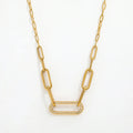 Simple Gold Stainless Steel Necklace with Link Chain Zirconia Pave Oval Pendant Paper Clip Trendy Jewelry Design Wholesale