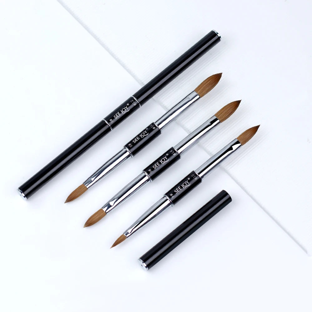 2026 Professional Double Head 100% Pure Kolinsky Hair SeeJoy Metal Handle 18cm Acrylic Nail Art Brush Crimped Ferrule Nails
