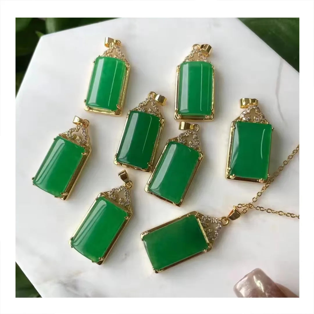 Jialin Real Jade Jewelry Fashion Jade Pendant with Inlaid Gold square Green Jade Pendant Necklace Lucky Charm for Women