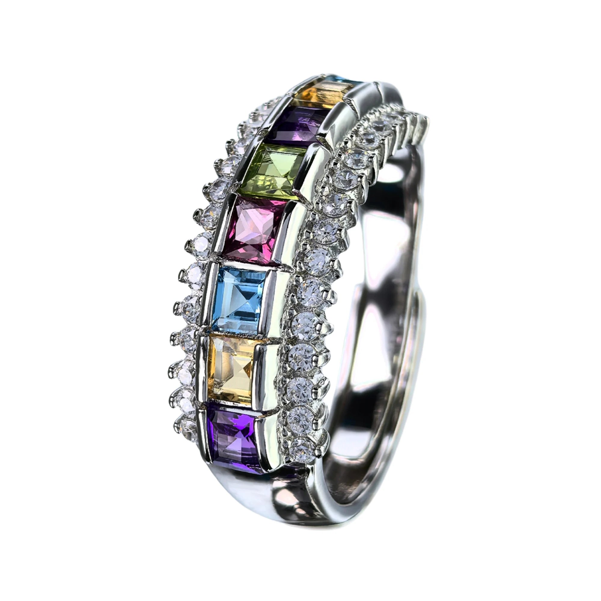 Exquisite Rhodium Plated 925 Silver Jewelry Multiple Natural Gemstone Ring for Women Anniversary Gift