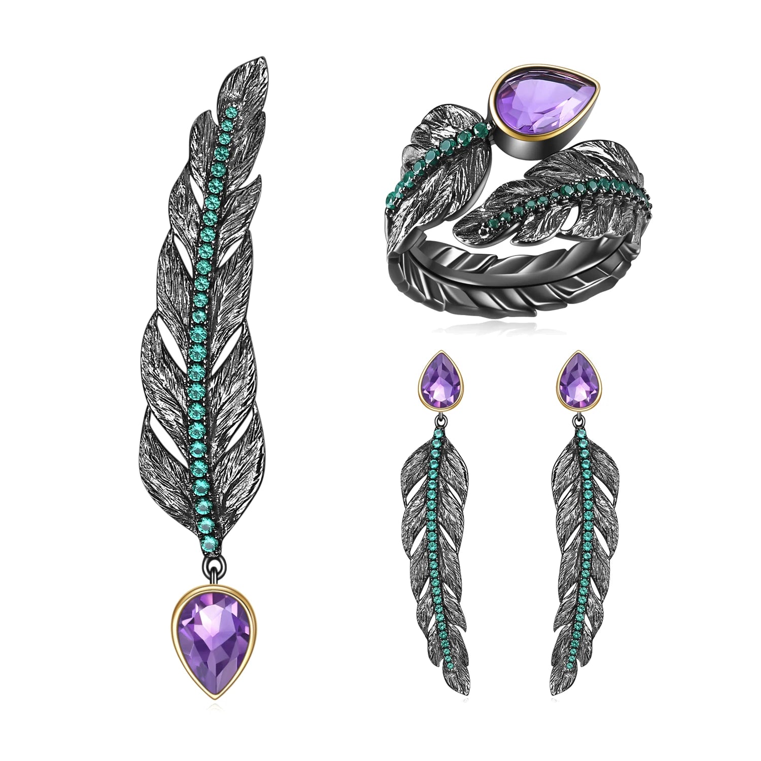 C8270 Abiding Jewelry Vintage Style Natural Amethyst Gemstone Leaves 925 Sterling Silver Jewelry Sets for Woman Jewellery