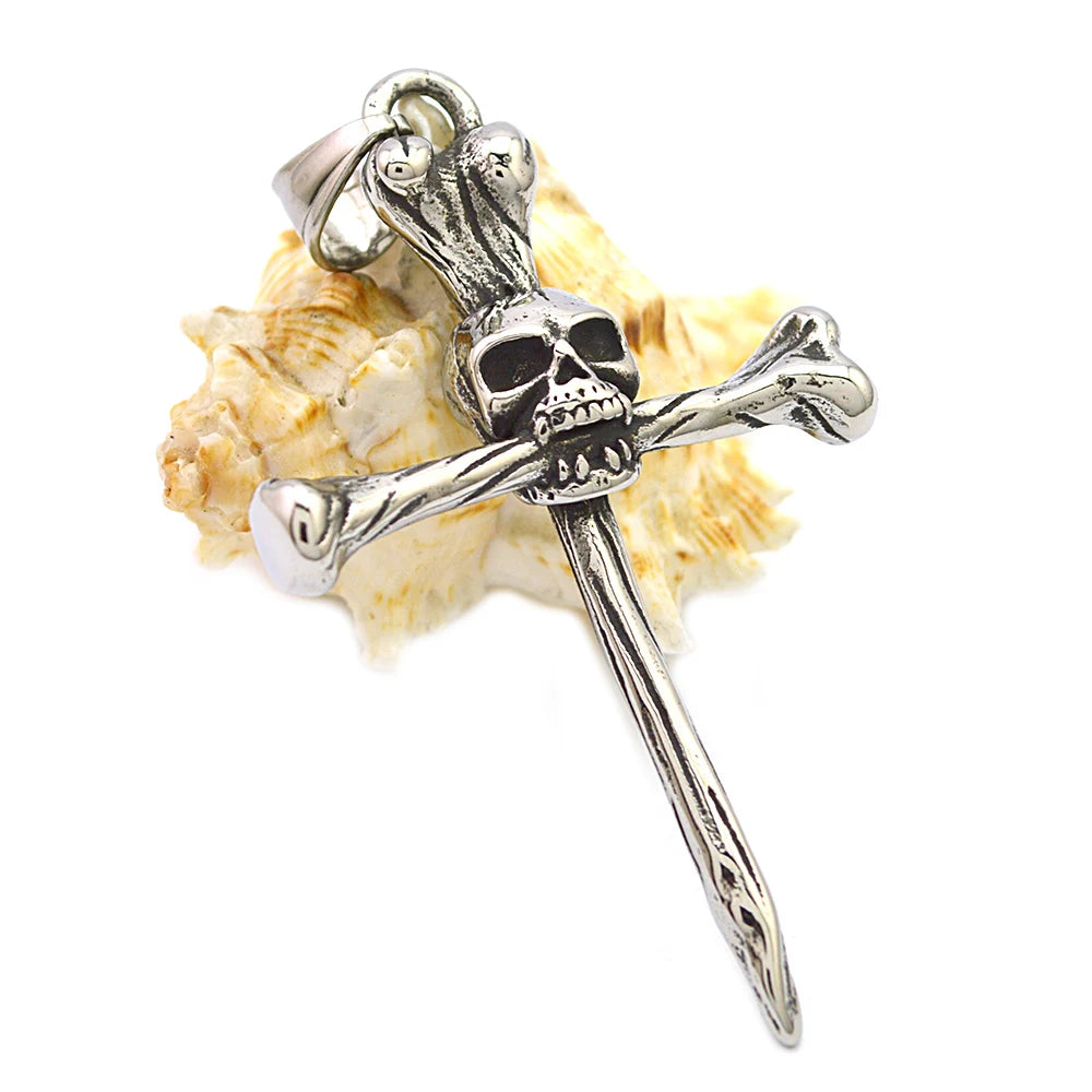 Punk Style Stainless Steel Casting 3D Effect Jewelry Bone Cross Skull Head Pendant