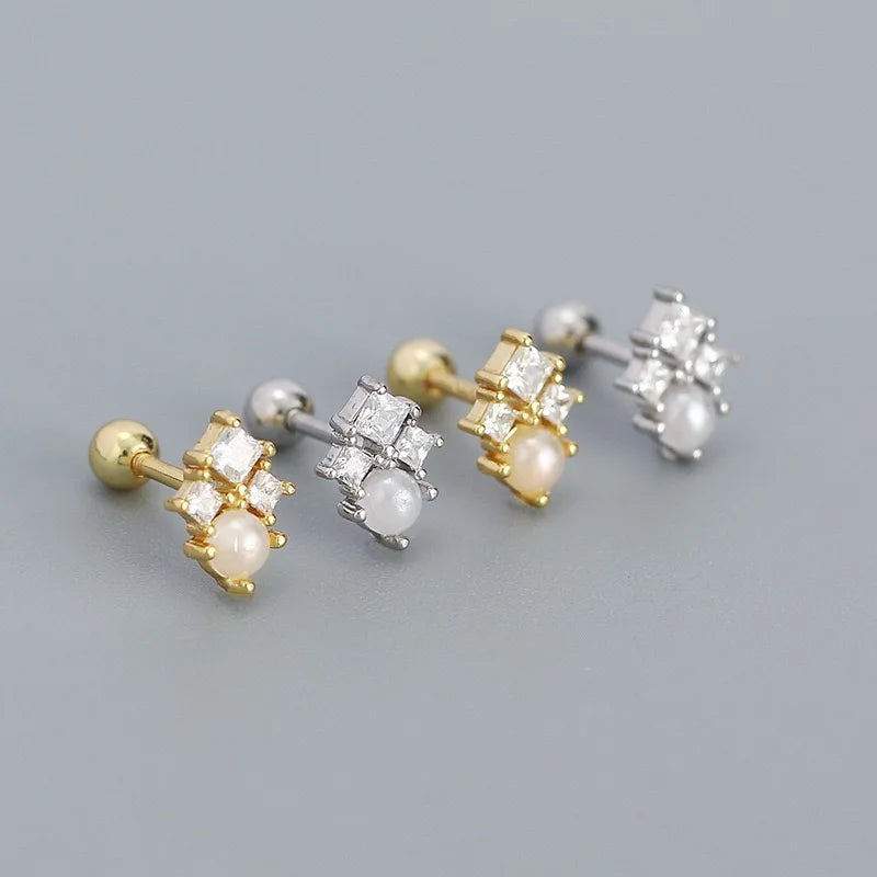 New  925 Sterling Silver Pearl Cz Diamond Screwbacks Stud Earring Jewelry Gold Plated Sterling Silver Stud Earrings for Women