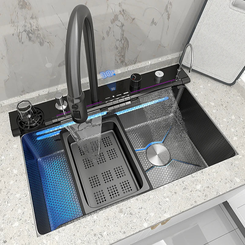 New Waterfall Kitchen Sink Stainless Steel Multifunction Large Single Slot Integrated Digital Display Wash Basin