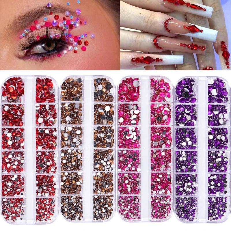 12Grids AB Nail Decoration Mix Size Nail Diamond Flatback Rhinestone Glue Strass Diy Bling Stickers Skin Non Hotfix Crystals