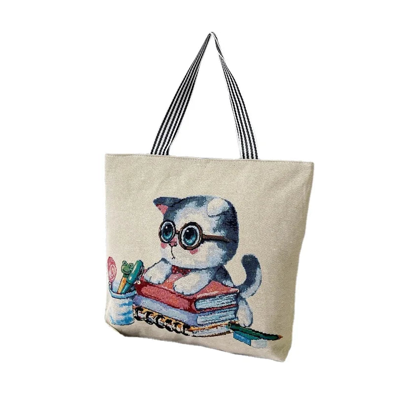 Hot Selling Cute Cat Embroidered Large Capacity Beach Tote Bag with Two Handles Casual Zipper Closure for College Use