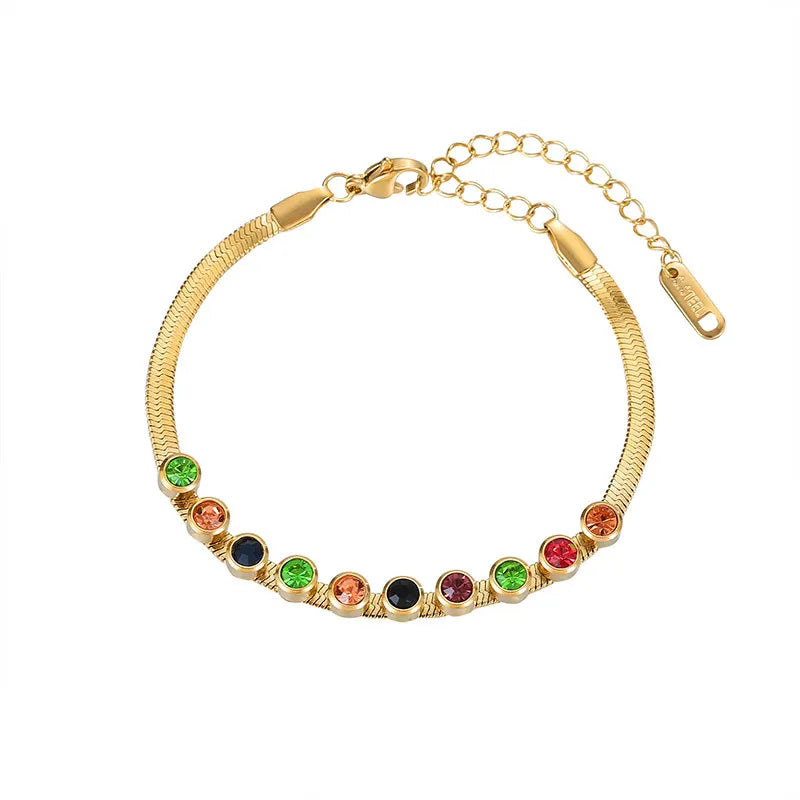 Fashion Trendy Stainless Steel Flat Snake Chain Zircon Beads Charm Bracelet Jewelry Women