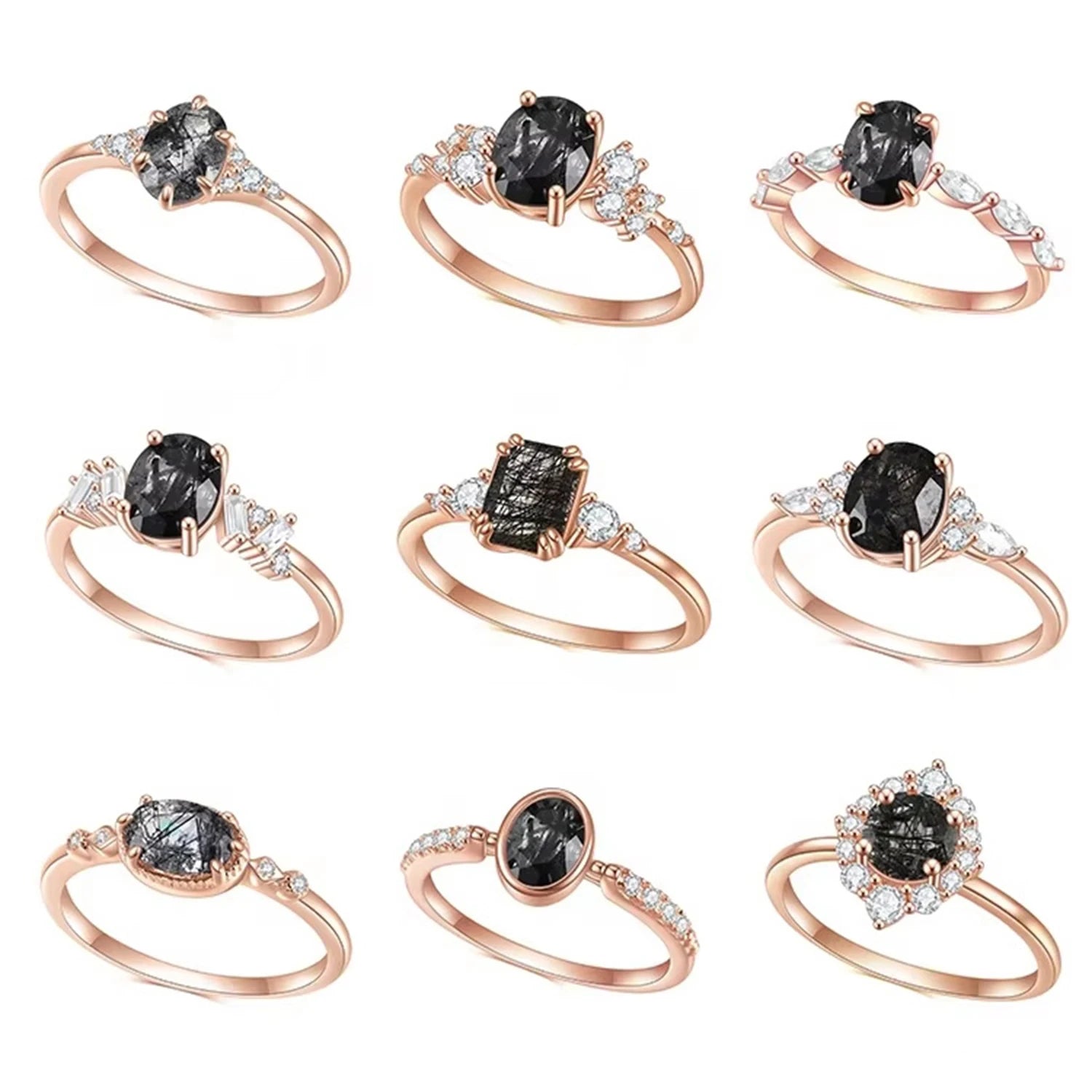 Abiding OEM Factory Direct Sale Rose Gold Plated 925 Sterling Silver Natural Black Rutilated Quartz with White CZ Side Stones