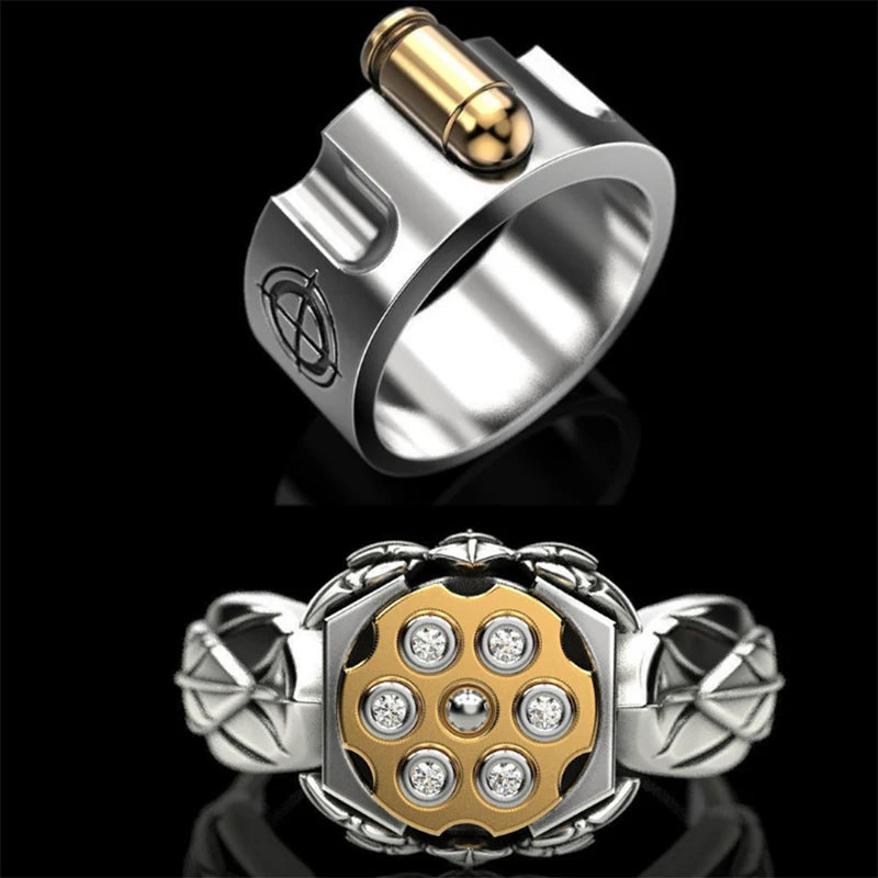 Men's Trendy Stainless Steel Ring Explosive Creative B-U-L-L-E-T Design Two-Color Plated Russian Roulette Revolver Christian