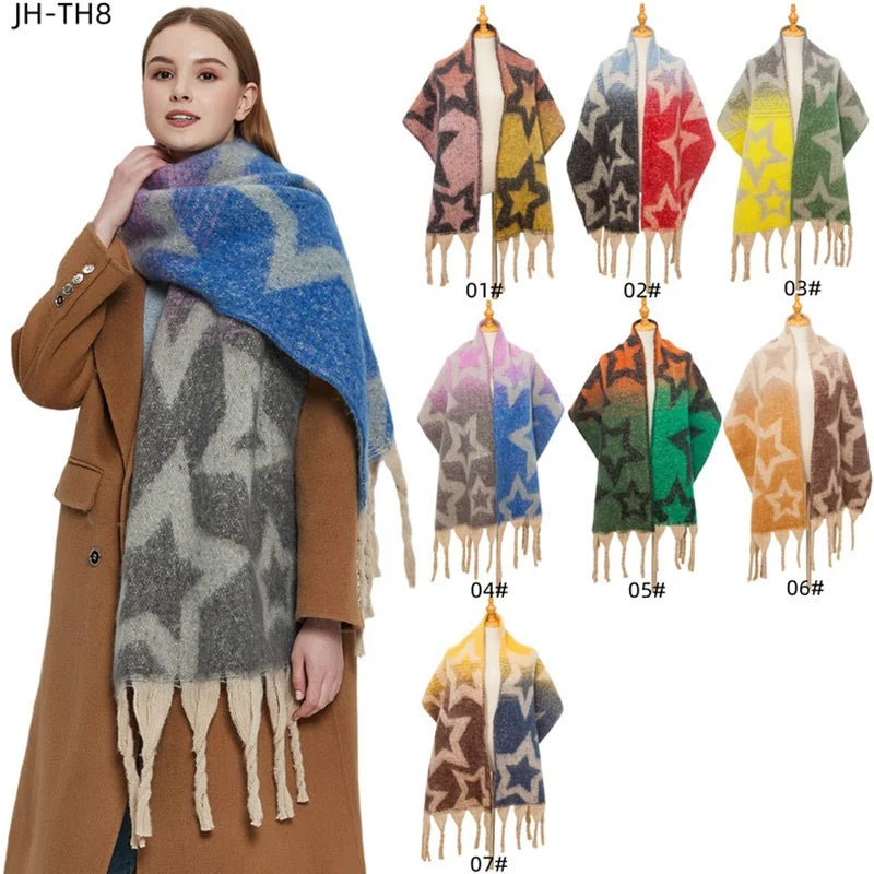 Landfond Accessory 2023 New Styles Women Winter Thickened Looped Yarn Scarf Jacquard Star Scarf