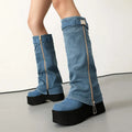SHIKOL Luxury Shark Fold Boots for Women Winter Fur Chunky Platform Wedge Heels Diamond Zipper Western Denim Boots