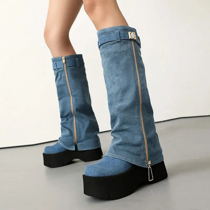 SHIKOL Luxury Shark Fold Boots for Women Winter Fur Chunky Platform Wedge Heels Diamond Zipper Western Denim Boots