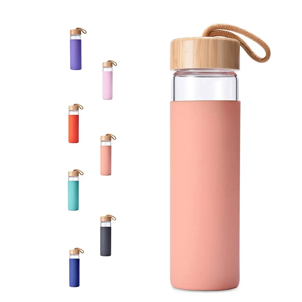 18OZ Glass Water Bottle with Silicone Sleeve Reusable Wide Mouth Borosilicate Glass Bottle with Bamboo Lid for Hot or Cold Drink