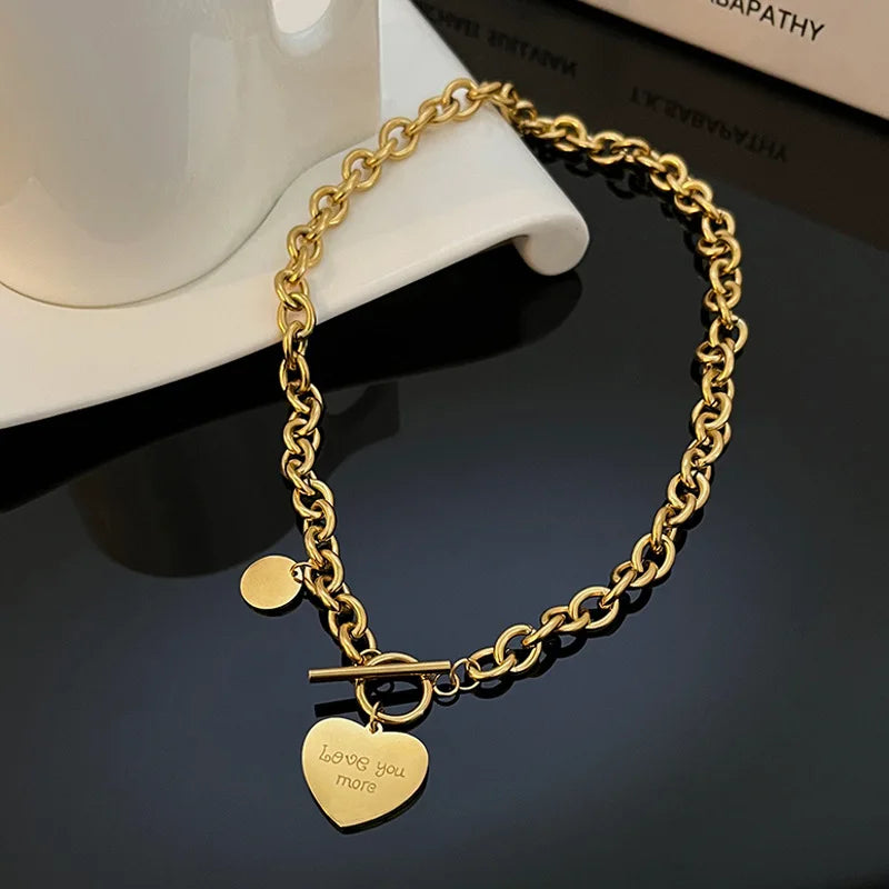 Fashion OT Buckle Stainless Steel PVD Plating Engraving Love U More  Heart Pendant Necklace Mothers' Day Gift