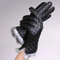 Fashion Warm Ladies Winter Hand Gloves Rabbit Fur Cuff Leather Gloves
