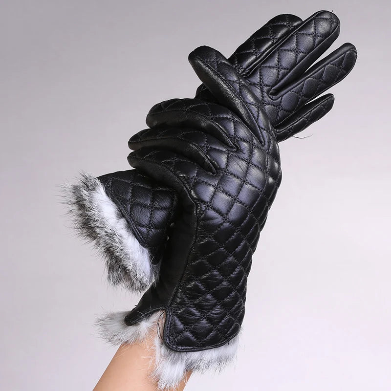 Fashion Warm Ladies Winter Hand Gloves Rabbit Fur Cuff Leather Gloves
