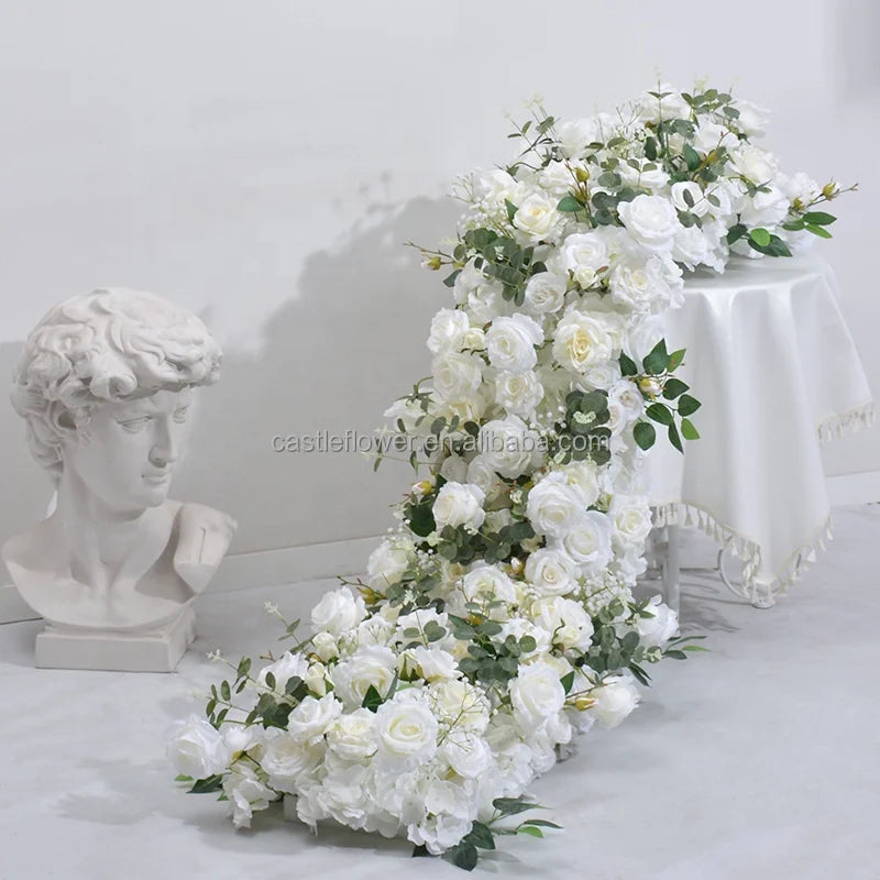 JCF121 Customized  Artificial Flower Runner White Rose Flower Decoration Wedding Table Centerpieces