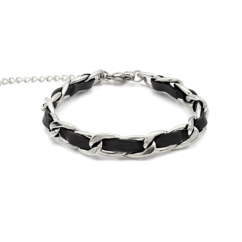 Stainless Steel Geometric Gold Silver Color Handmade Black Leather Link Chain Bracelet for Men Women