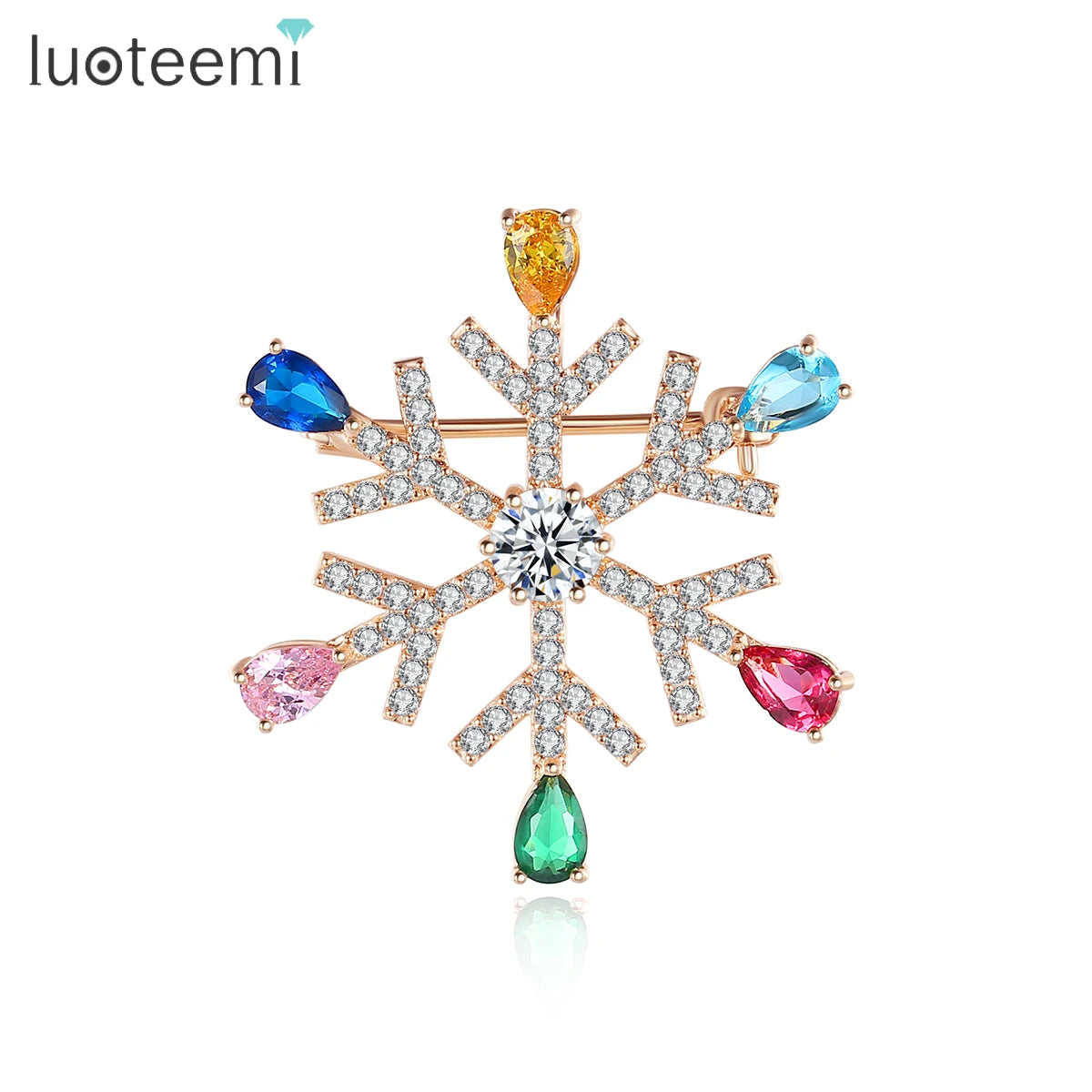 LUOTEEMI Rhinestone Corsage Lapel Pin Rainbow Color Zircon Crystal Brooch Bridal Snowflake Brooches and Pins for Christmas