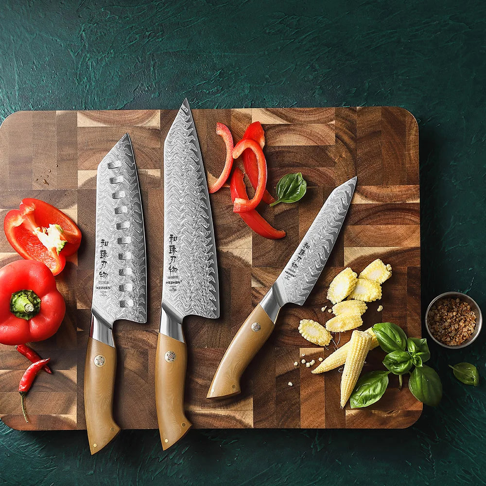 HEZHEN New Damascus Steel Chef Knife Set Professional Kitchen Slicing Knives Linen Micarta Handle