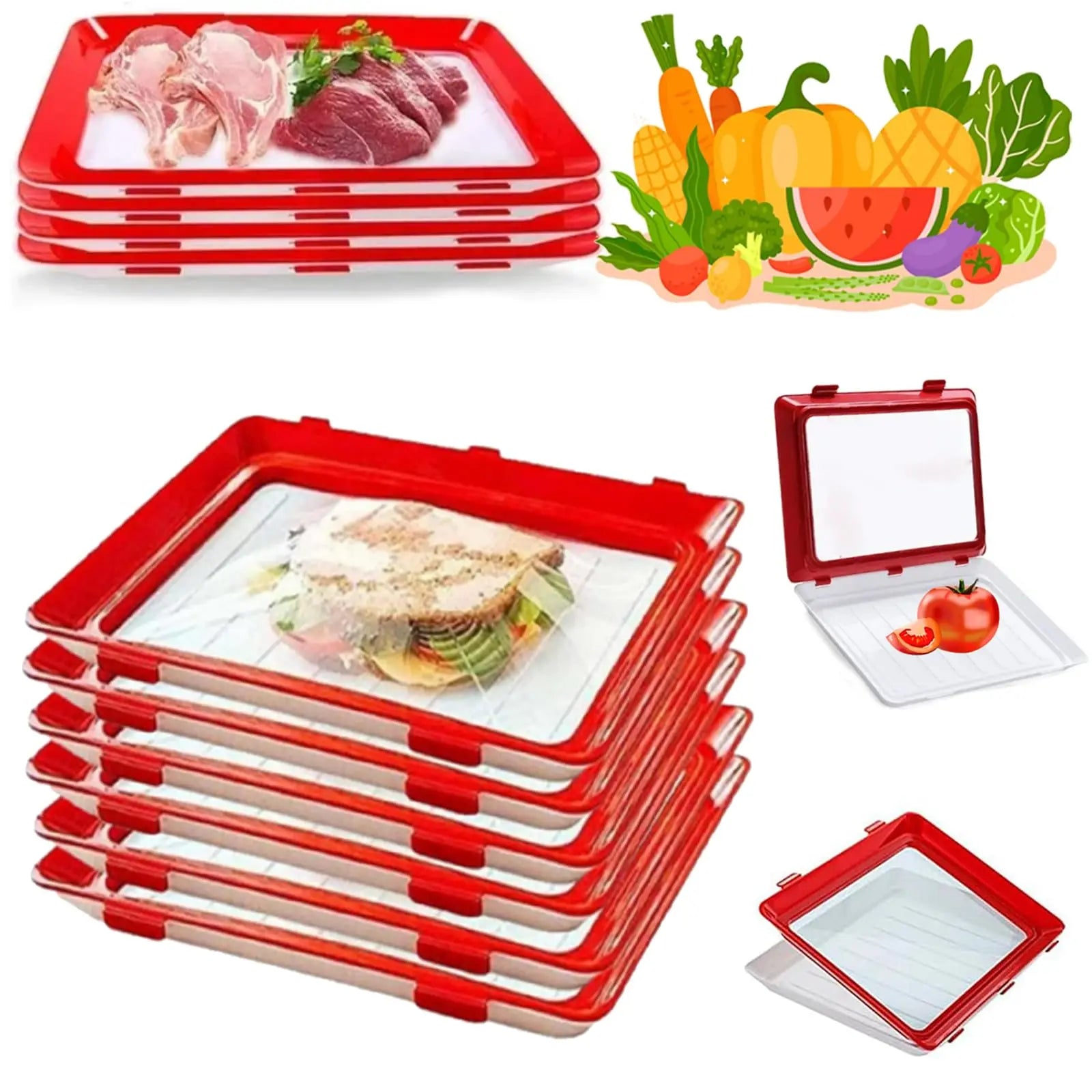 New Version Plastic Reusable Food Fresh Plate Save Space Stacking Food Storage Trays for Vegetable Meat