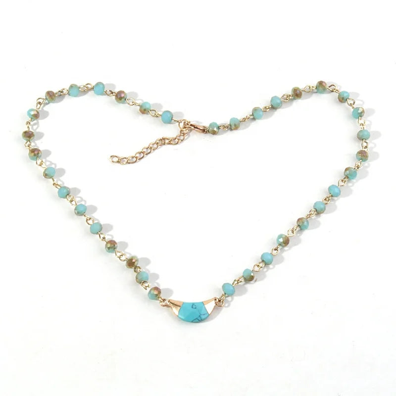 Women Ethnic Jewelry  4mm Crystal Glass Beads Blue Gold Rosary Chain Necklace Gemstone Crescent Moon Pendant Choker Necklace