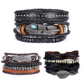 Punk Charm Leaf Stretch Wood Beads Braided Adjustable Wax Cord Men Vintage Multilayer Wrap Leather Bracelet Set Jewelry