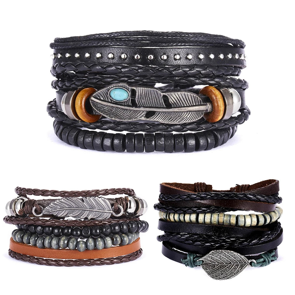 Punk Charm Leaf Stretch Wood Beads Braided Adjustable Wax Cord Men Vintage Multilayer Wrap Leather Bracelet Set Jewelry