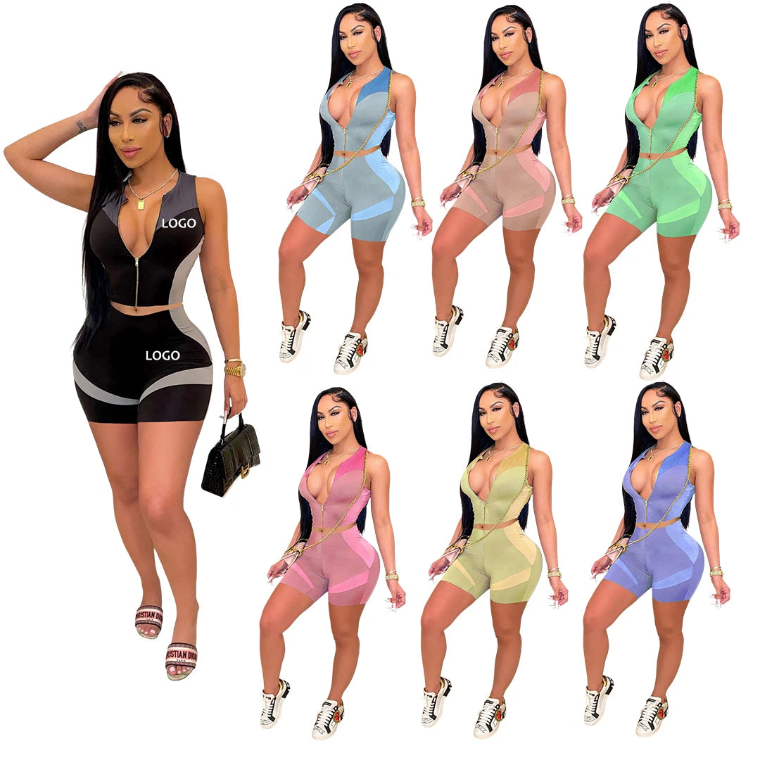 Wholesale Casual Zipper Two Piece Pants Set Sexy Tight High Waist Women Short 2 Piece V Neck Tracksuit Custom Logo Women'S Sets