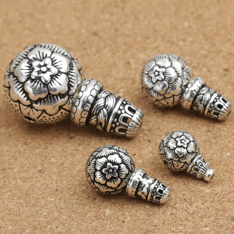 925sterling Silver Tibetan Buddhist Meditation Mala Beads Flower Design Antique Silver 3-hole Guru Beads