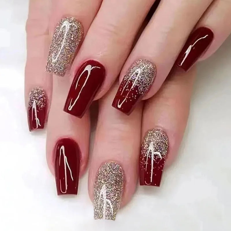 Private Label Long Salon Gel Press on Nails Gold Glitter Red Nails Fake Artificial Fingernails French Gel Nails Press Ons