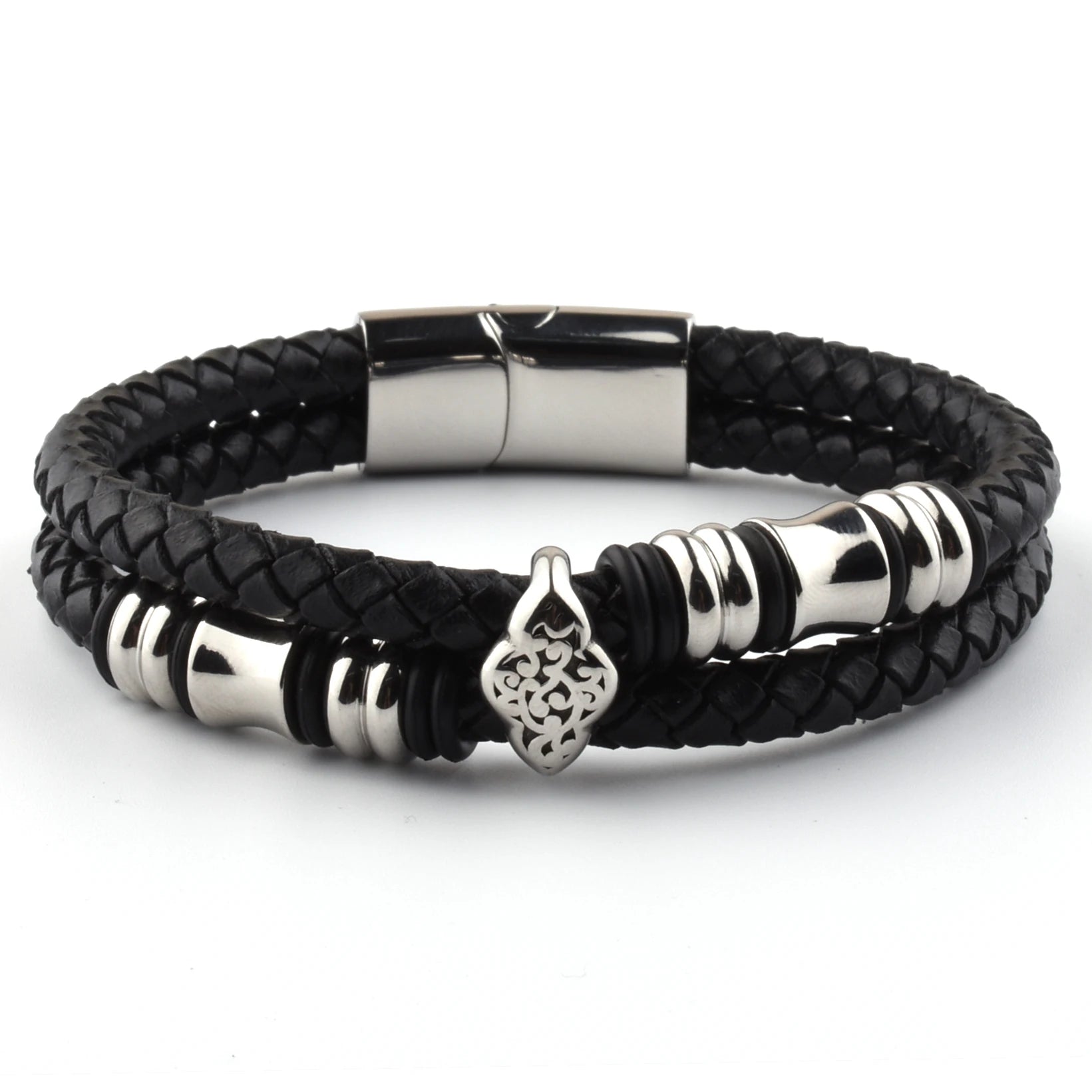 Wholesale Custom Punk Rock Style Black Leather Woven Bracelet Fashion Charm Jewelry