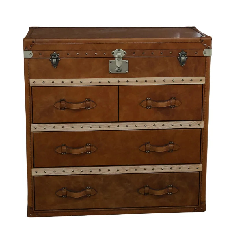 OEM ODM Retro Vintage Brown Leather Dresser Cabinet Genuine Leather Steamer Trunk Living Room Bedroom Decorative Stainless Steel