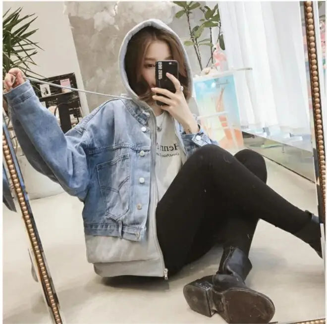 Fall Winter Hot Sale Streetwear Multi Size Ladies Casual Clothing Patchwork Fabric Women's Hooded Denim Jacket