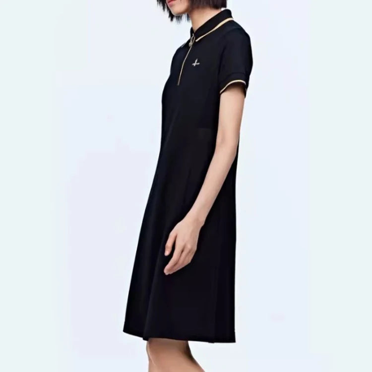 Wholesale Striped Zippers Natural Waist Short Sleeve Knit A-Line Knee-Length Summer Black Knitted Dress for Women