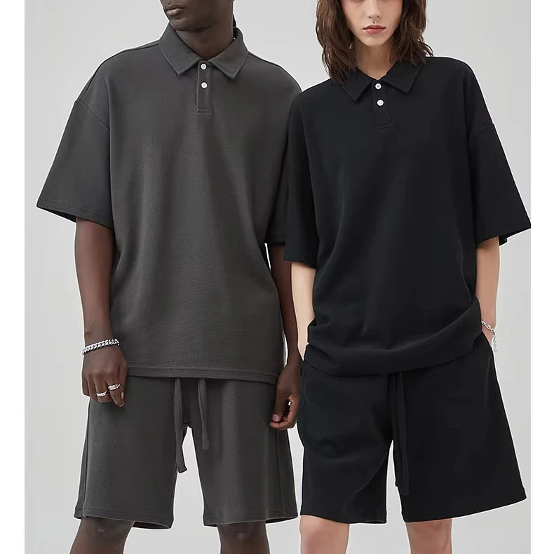 Premium Breathable  Waffle Shorts Set -Oversized Casual Top & Wide-Leg Shorts Polo T shirt