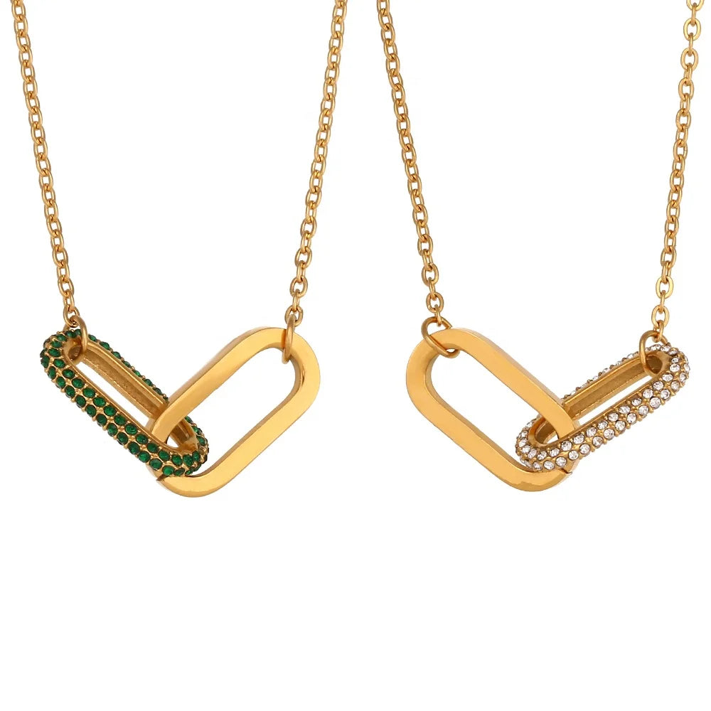 Minimalist Jewelry Stainless Steel Gold Plated Eternal Love Green Zircon Diamond Square Pendant Necklaces for Women