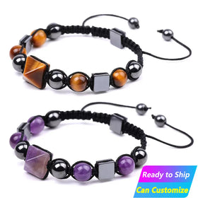 Wholesale 12mm Natural Healing Stone Quartz Hand Woven Beaded Adjustable Crystal Pyramid Bracelet for Men