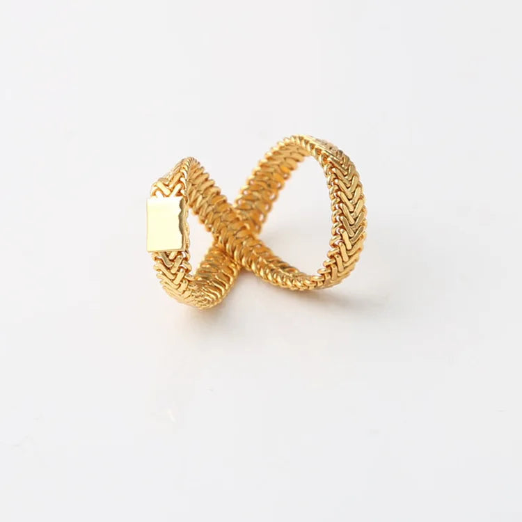 2020 Vintage Style Golden Snake Bone Soft Chain Weave Ring Double Layered Cross Ring
