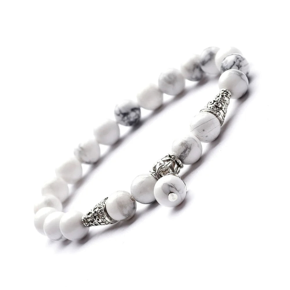 Hot Sale Alloy Natural Stone Beads 8mm Volcanic Stone White Pine Couple Bracelet