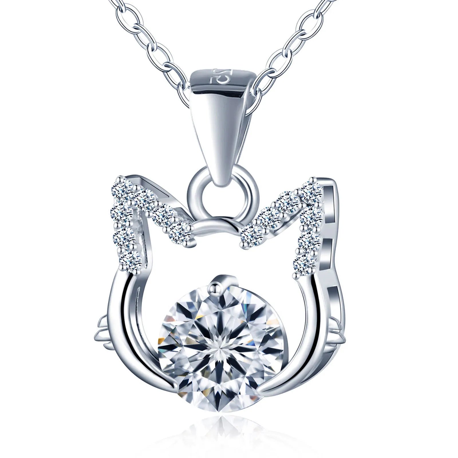 S925 Sterling Silver Cat Moissanite Pendant Necklace with Clavicle Chain Versatile Jewelry