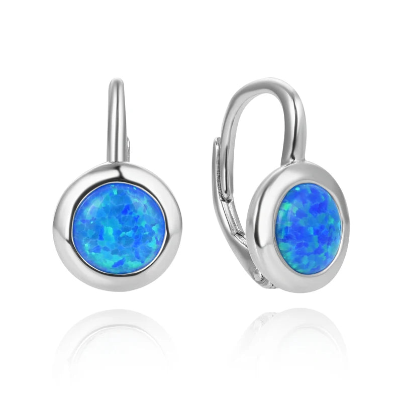 925 Sterling Silver Bezel-Set Blue/White Round Opal French Lock Earrings