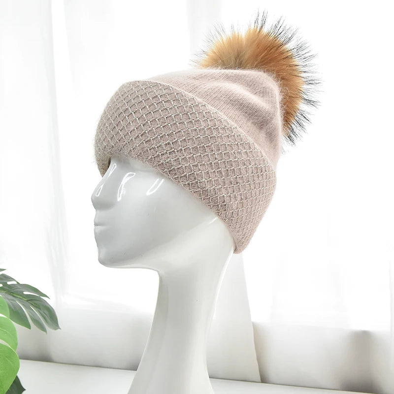 Winter Angora Knitted Rabbit Wool Beanie Hat With Custom Logo Real Fur Pompom Beanies for Women