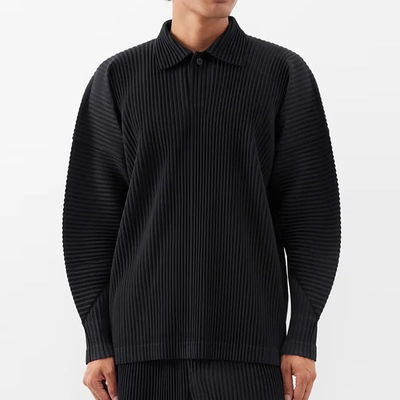 Classic Miyake Style Men's Loose Fit Long Sleeve for Polo Shirt Solid Color  Collar Knitted Fabric Casual Style TOPS
