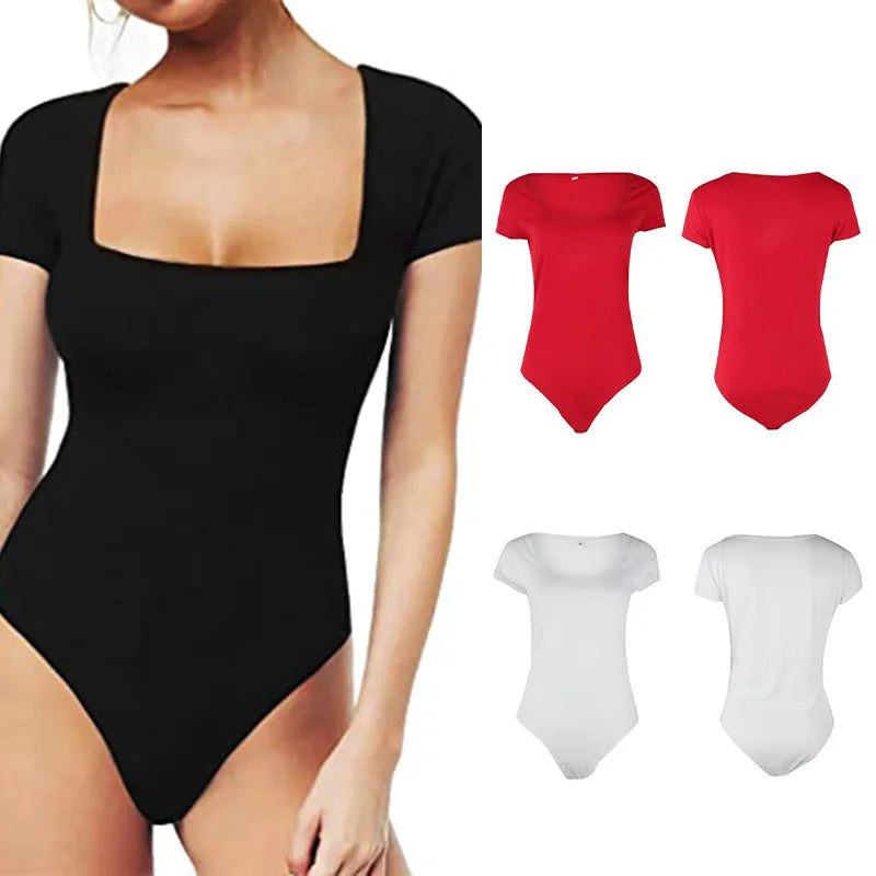 XS-XL Women's Daily Short Sleeve T-shirt Jumpsuit U Neck Slim High Fork Tight Jumpsuit Square Neck Short Sleeve Bodysuit Top